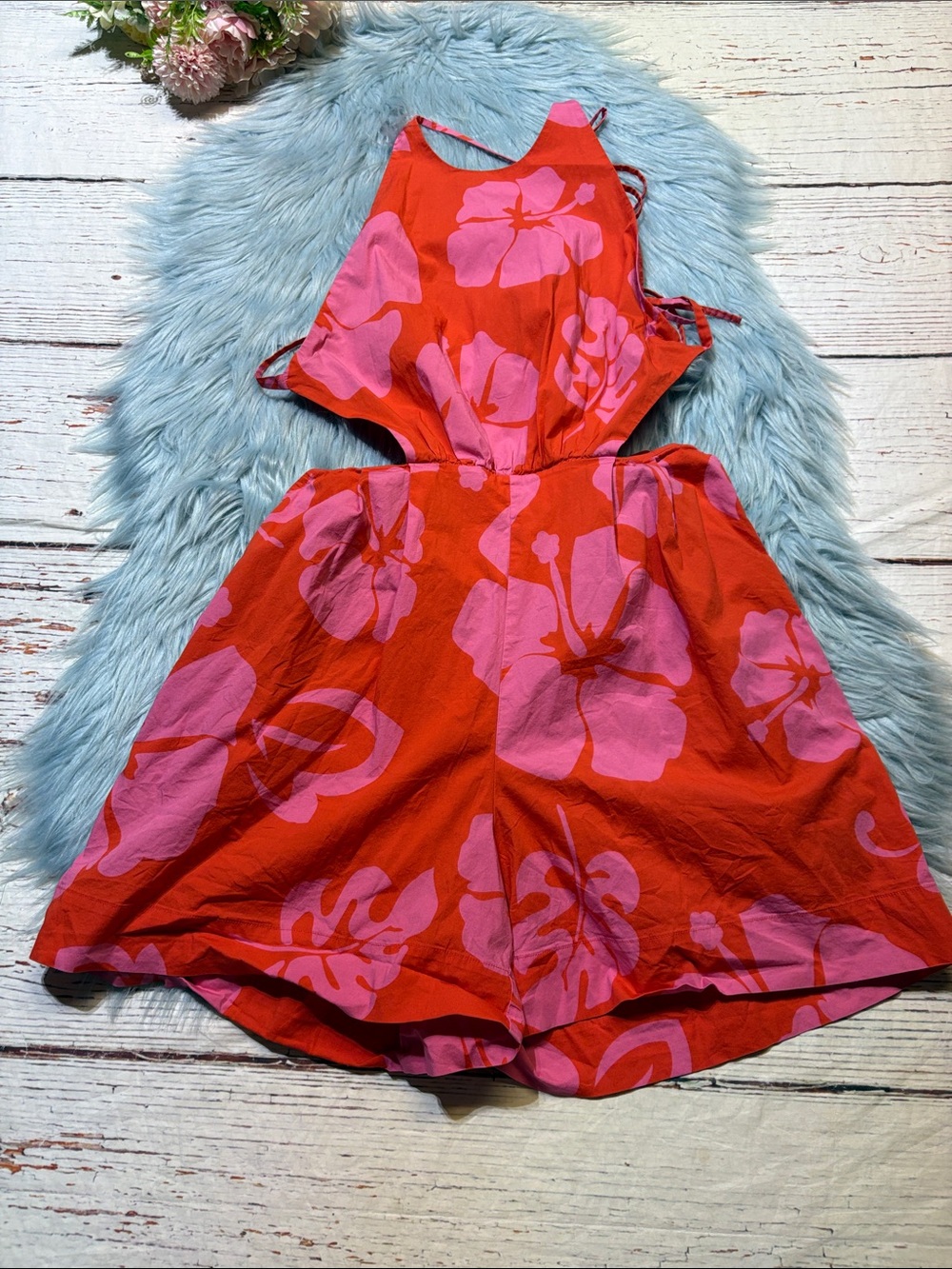 Staud Georgia Romper Halter Red Pink Floral Hawaiian Sz 6